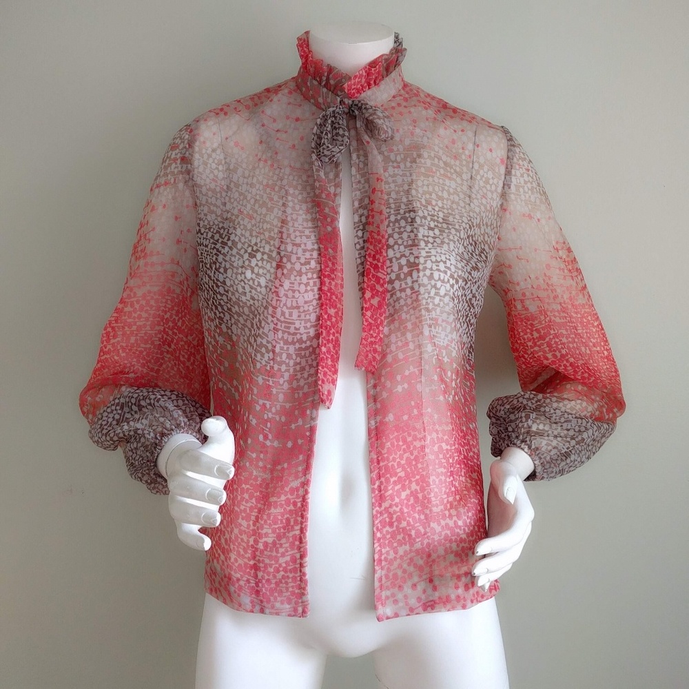 Vintage 1970s Sheer Floral Dot Print Pussy Bow Tie Blouse
